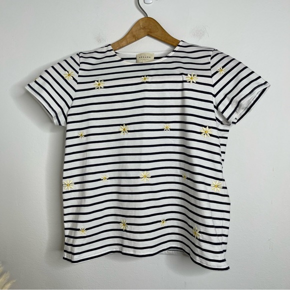 Sézane Evan Striped Daisy Embroidered T-Shirt 100% Cotton Luxury Designer Sz S - Picture 2 of 14